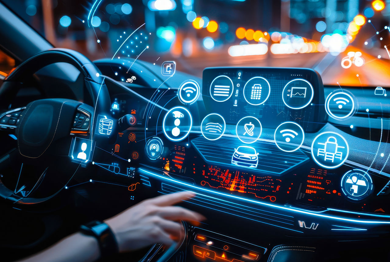 Futuristic Connected Car with Intelligent Heads Up Display and Graphical User Interface at Night, Internet of Things HUD in Modern Vehicle for Advanced Driving Experience