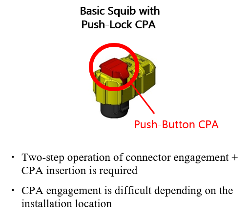 CPA structure squib connectors require pressing the CPA button to engage.